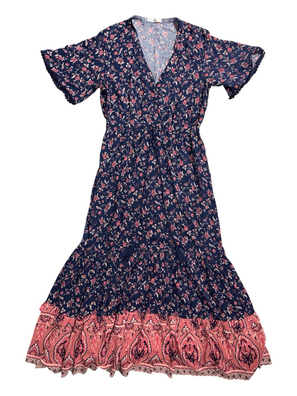 R Vivimos Large 12/14 Navy Floral Boho Maxi Dress with Pink Border